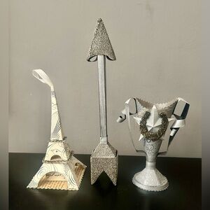 Silver and Cream Decorative Art Sculpture Trio - Eiffel, Arrow & Trophy